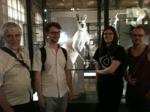 Part of the ContentMine team by a kangaroo in the Museum für Naturkunde in homage to our AMI software mascot.