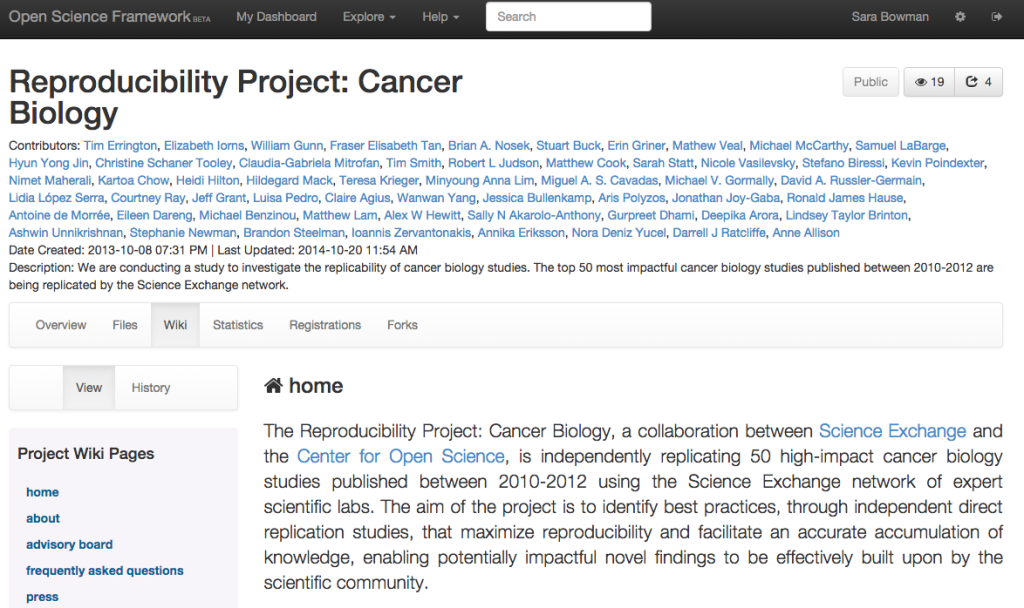 Here, the project page for the Reproducibility Project: Cancer Biology demonstrates the many features of the Open Science Framework (OSF). Managing contributors, uploading files, keeping track of progress and providing context on a wiki, and accessing view and download statistics are all available through the project page. 
